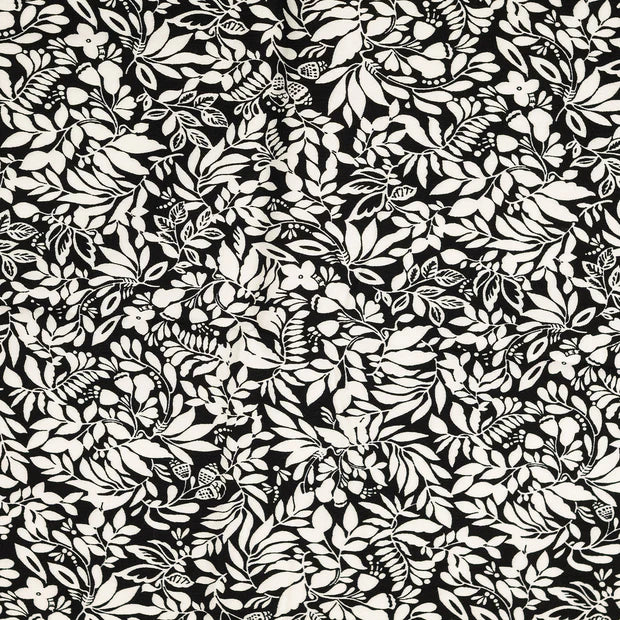 Țesatura bengalina neagra cu model floral alb 73%VI / 23%PA / 4%EL latime 149 cm