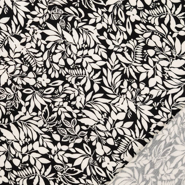 Țesatura bengalina neagra cu model floral alb 73%VI / 23%PA / 4%EL latime 149 cm