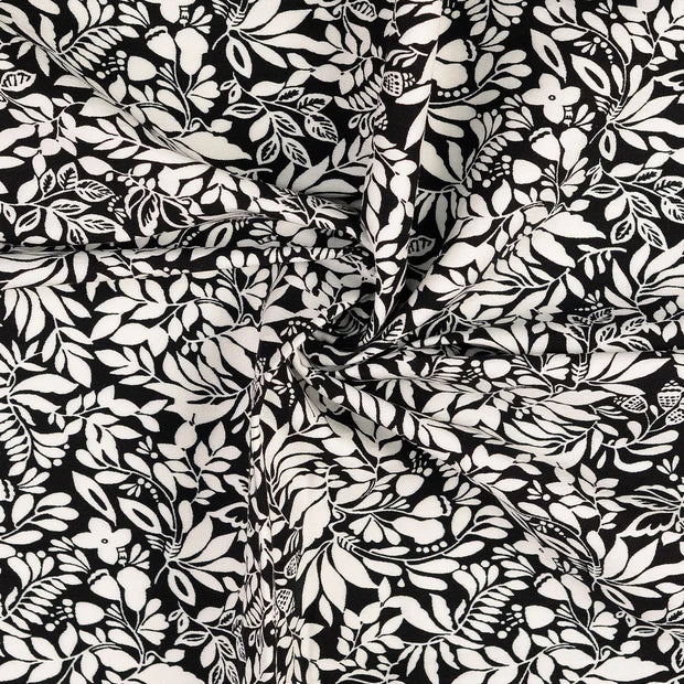 Țesatura bengalina neagra cu model floral alb 73%VI / 23%PA / 4%EL latime 149 cm