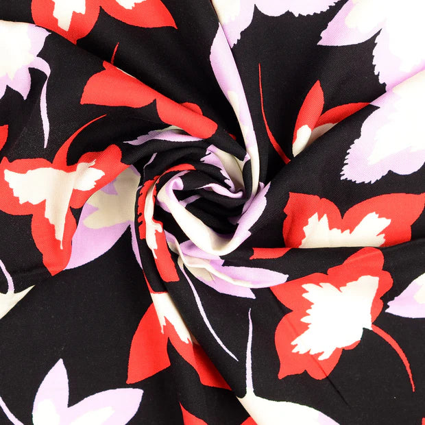 Viscoza culoare negru cu model floral rosu si lila 140/142 cm 100%VI