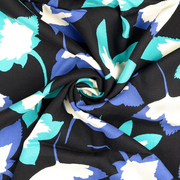 Viscoza culoare negru cu model floral albastru si turcoaz 140/142 cm 100%VI