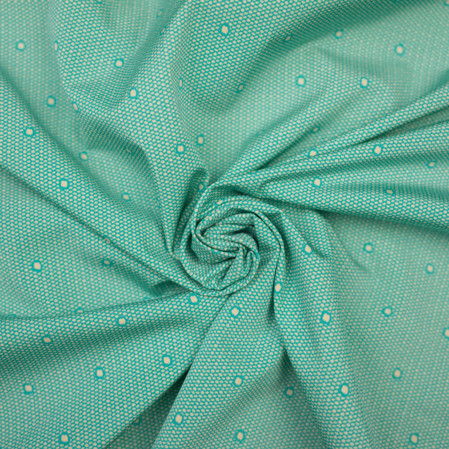 Lycra verde turcoaz cu model bulinute albe 140 cm